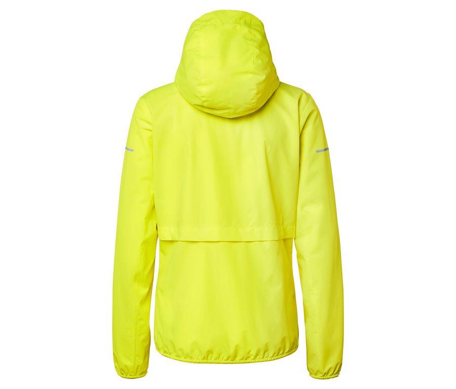 Widok z tyłu neonowożółtej kurtki z kapturem.