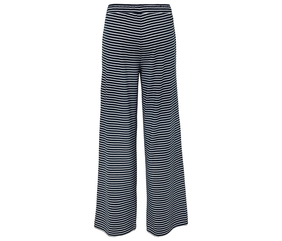 Spodnie w paski z szerokimi nogawkami w poziome paski w kolorze granatowym i białym.