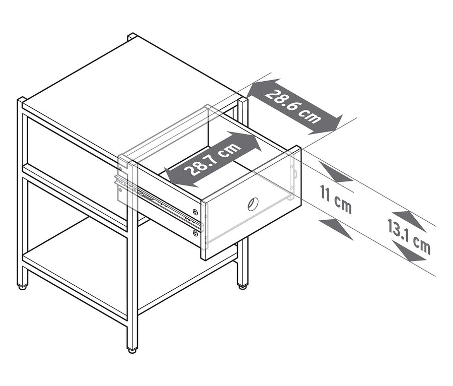 Rysunek szafki nocnej z wysuwaną szufladą i wymiarami.