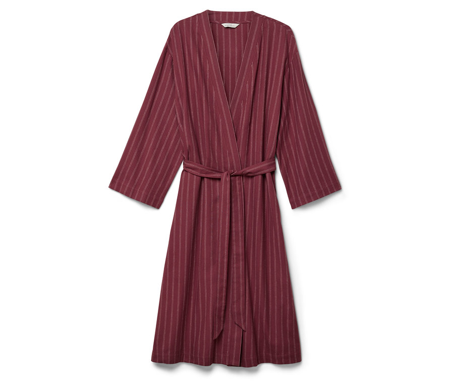 Bordowy szlafrok w białe paski z paskiem.