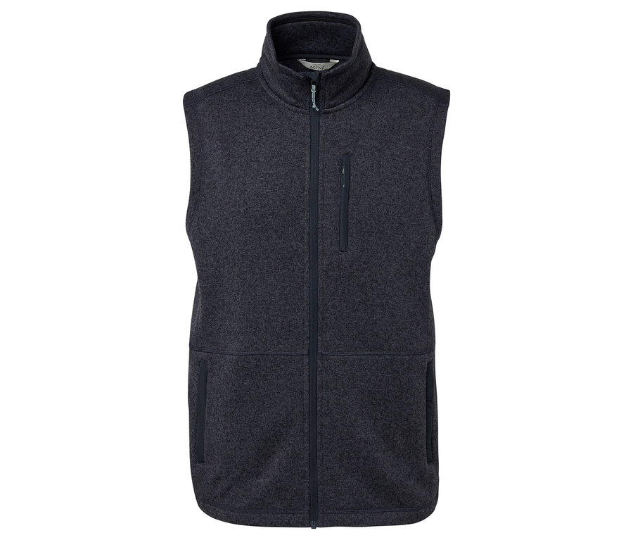 Ciemnoszara polarowa kamizelka z zamkiem błyskawicznym i kieszeniami.