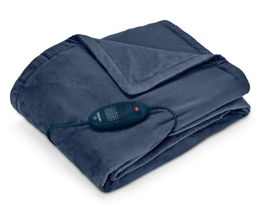 Złożony granatowy koc elektryczny z kontrolerem Beurer i czerwoną lampką kontrolną.