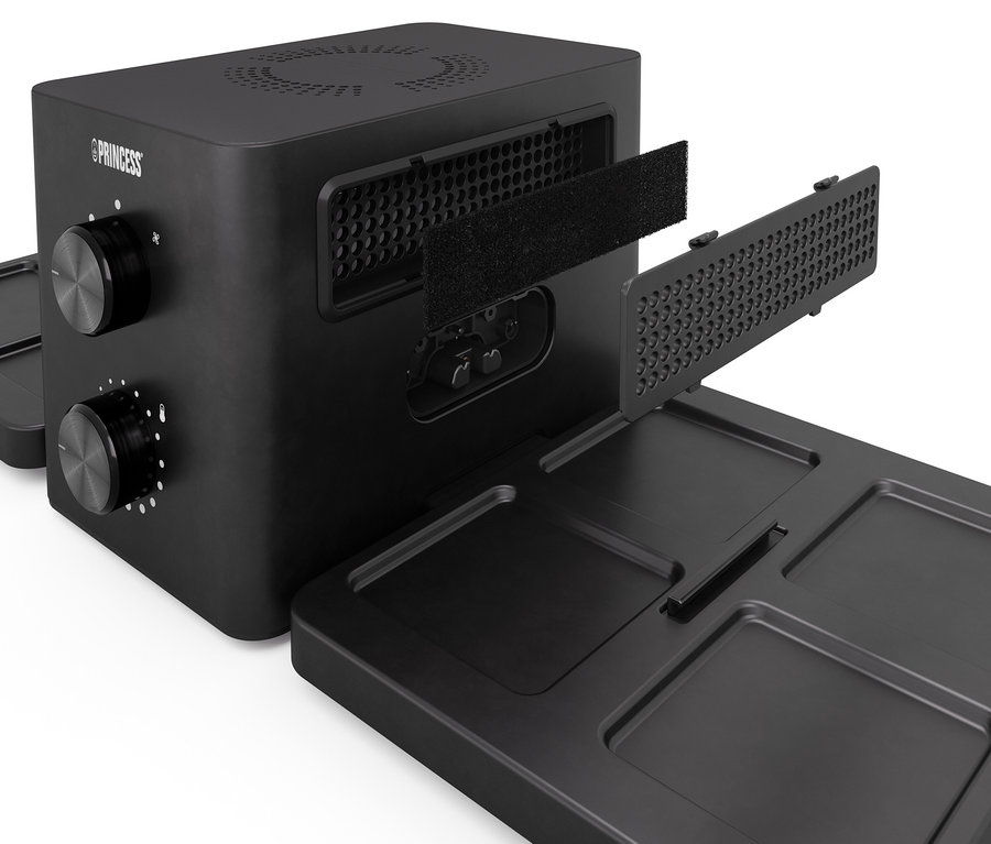 Czarna kostka od Princess z obrotowymi pokrętłami i wyjmowanymi panelami.