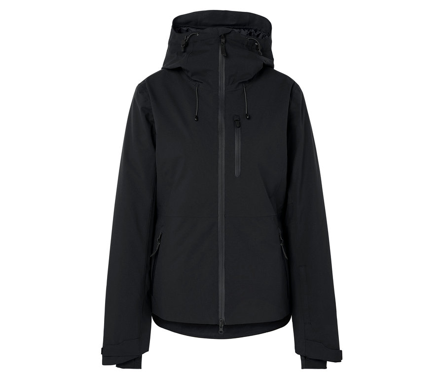 Czarna kurtka z kapturem zapinana na zamek błyskawiczny pośrodku.