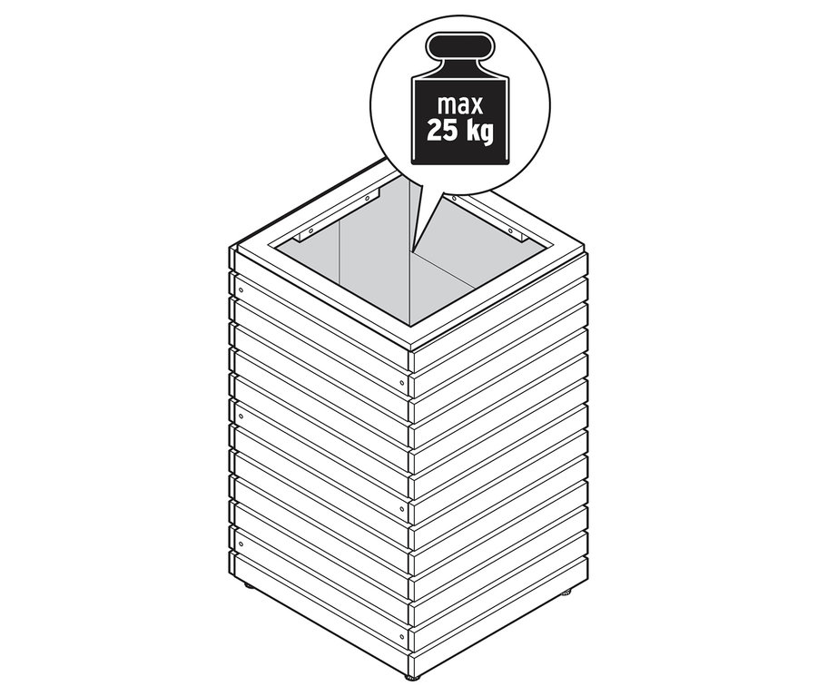 Ilustracja doniczki z maksymalnym obciążeniem 25 kg.