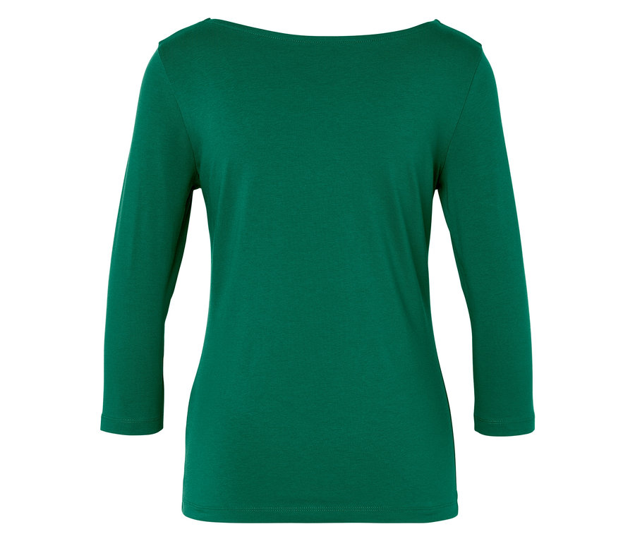 Zielona bluzka z rękawami 3/4 i dekoltem w łódkę.