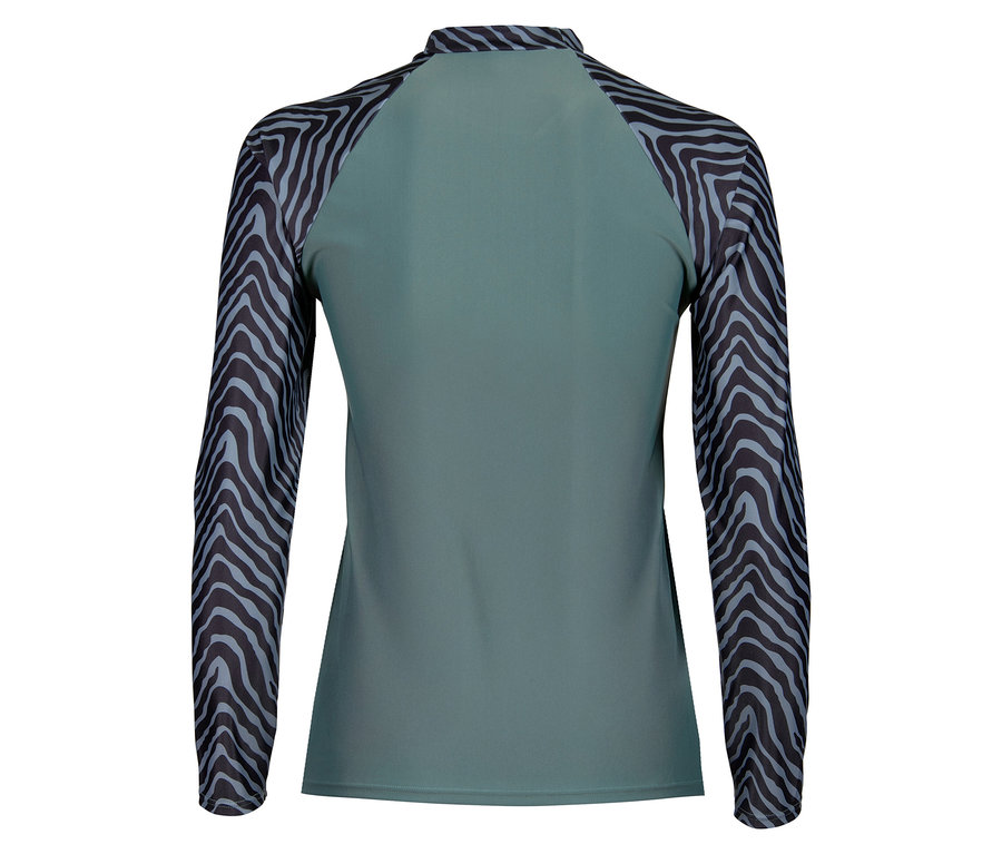 Widok z tyłu dopasowanej bluzki z długim rękawem w zebrę.