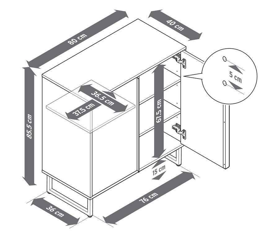 Ilustracja komody „LEEG” z dwojgiem drzwi wraz z wymiarami.
