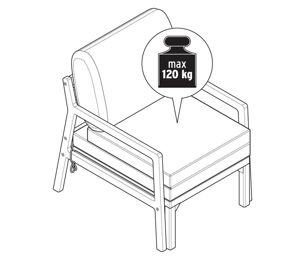 Grafika przedstawia rozkładany fotel ogrodowy o maksymalnej wadze 120 kg.