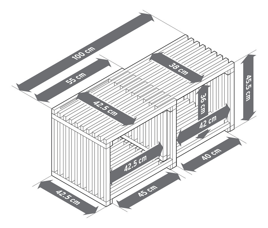 Widok z góry na stolik kawowy z wymiarami.