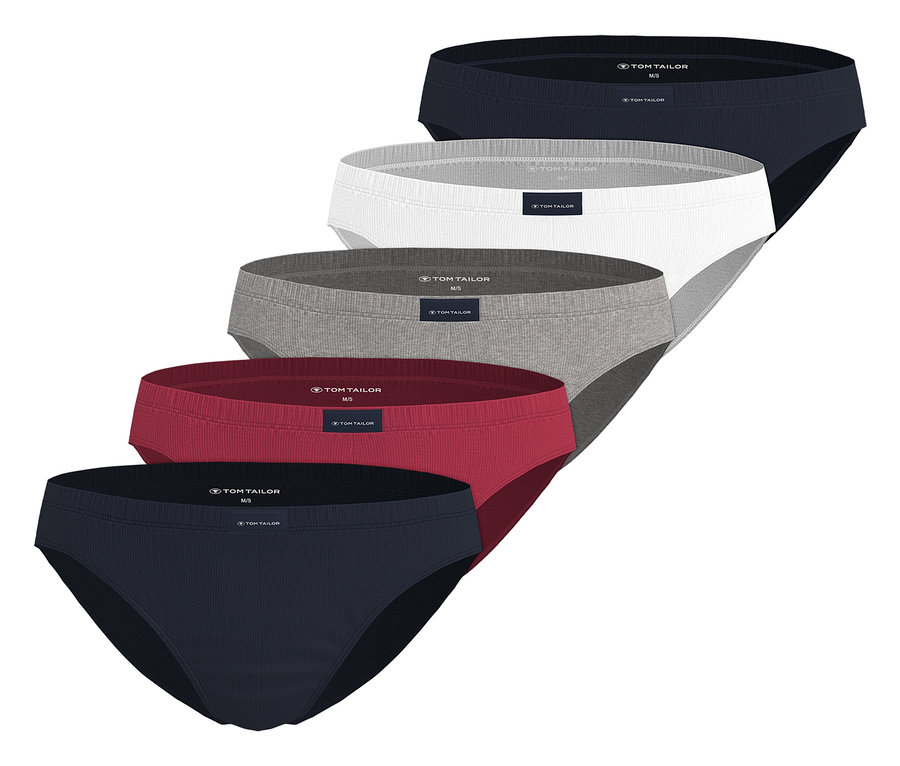 Pięć par męskich slipów Tom Tailor ułożonych jeden na drugim w kolorach czarnym, białym, szarym i czerwonym.