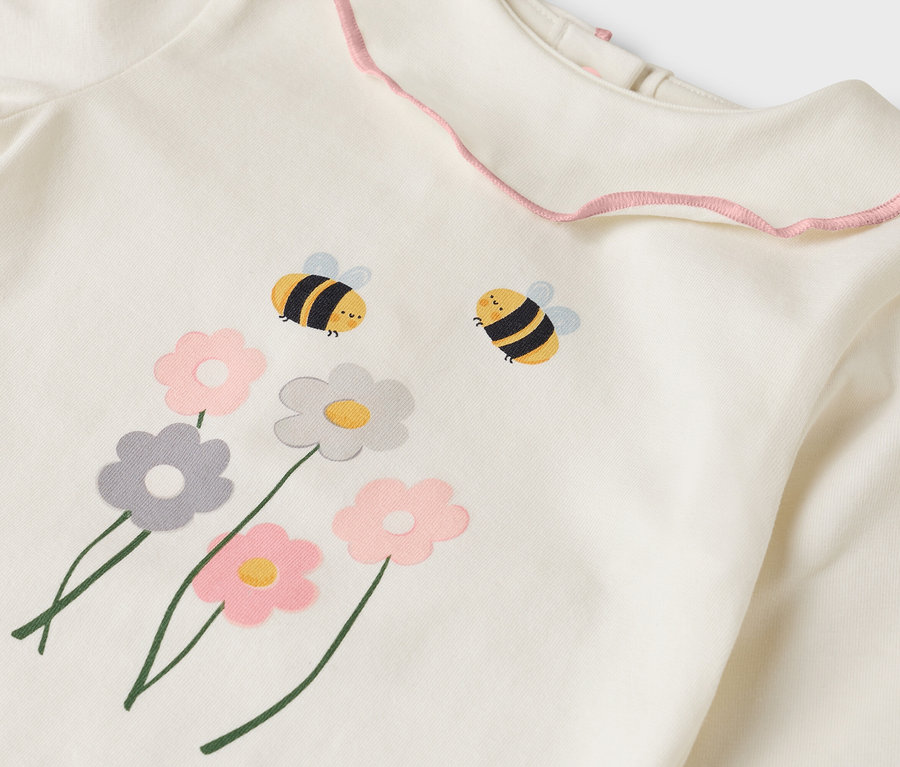 Szczegółowy widok kremowej bluzki z różową falbanką na kołnierzu, ozdobionej motywami kwiatów i pszczół.