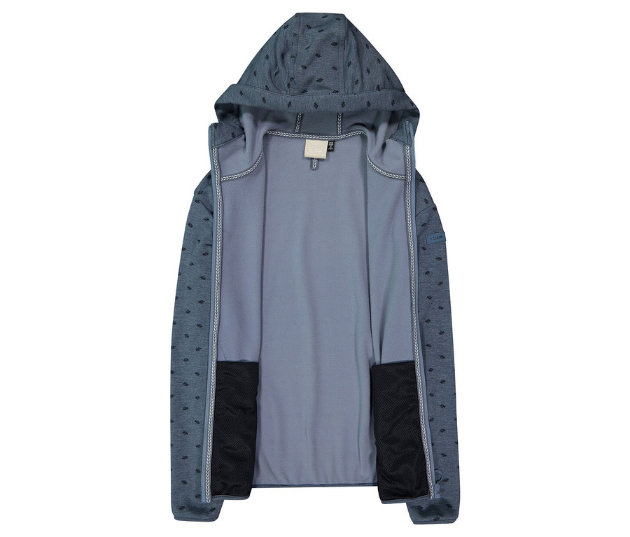 Otwarta, niebieska kurtka z kapturem z ciemnymi akcentami i kieszeniami.