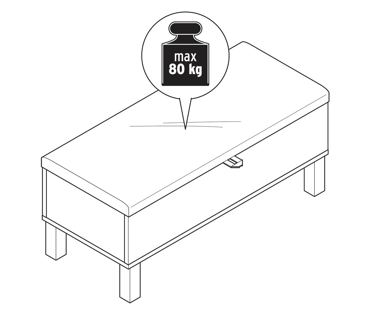Ilustracja ławki ze schowkiem „Leira” z tapicerowaną pokrywą, z informacją o maksymalnej wadze 80 kg.