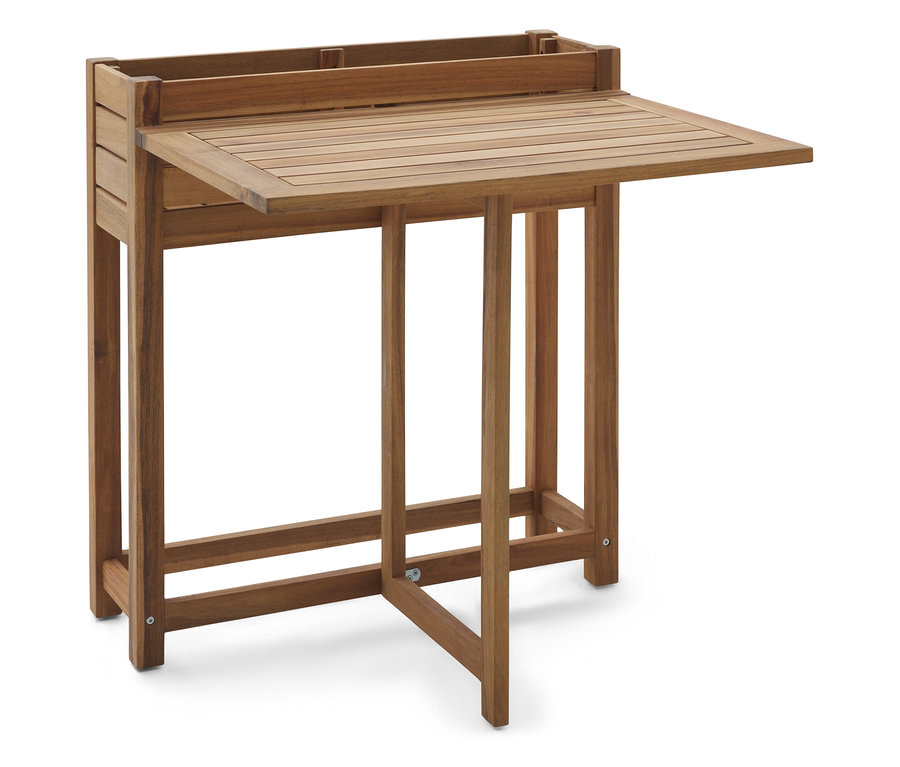 Brązowy drewniany stół ze składanym blatem na białym tle.