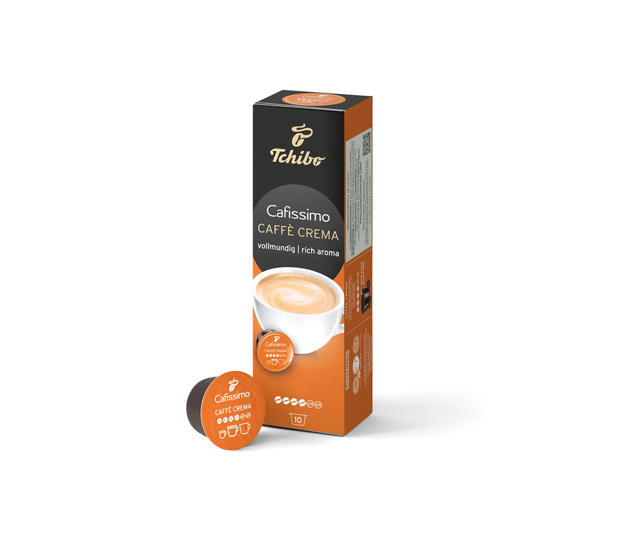 Widoczny pakiet Cafissimo Caffè Crema vollmundig i kapsułka.