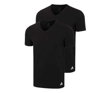 Dwie czarne koszulki adidas Active Flex z dekoltem w serek, jedna lekko przed drugą, z logo adidas w prawym dolnym rogu.