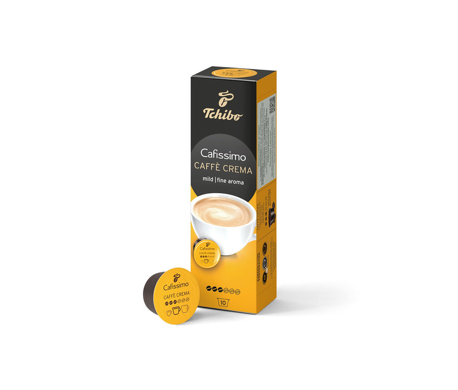 Pudełko Cafissimo Caffè Crema mild i kapsułka. Opakowanie zawiera 10 kapsułek.
