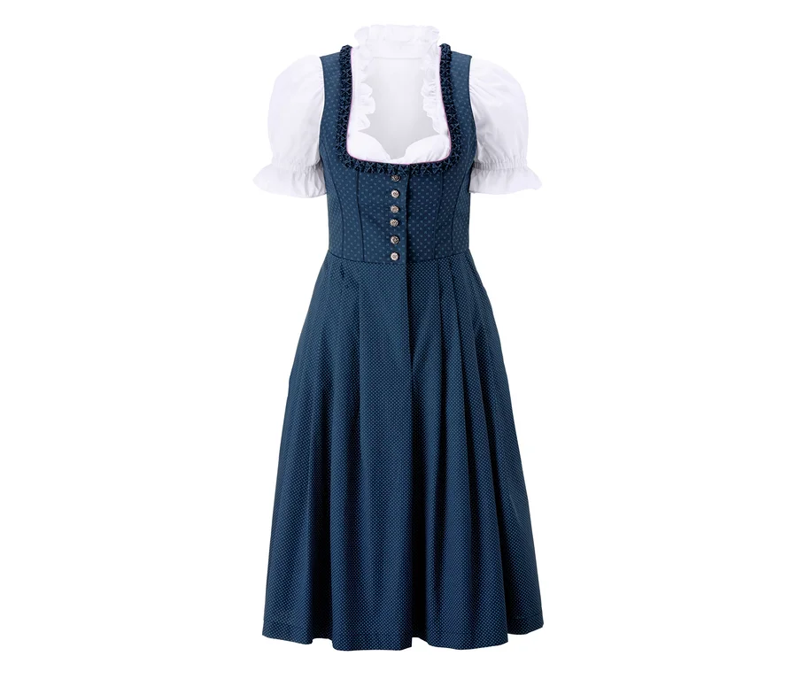 Niebieski dirndl z białą bluzką.