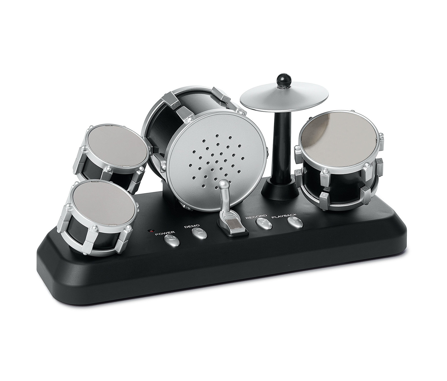 Perkusja do grania palcami z czterema bębnami i talerzem na czarnej podstawie.