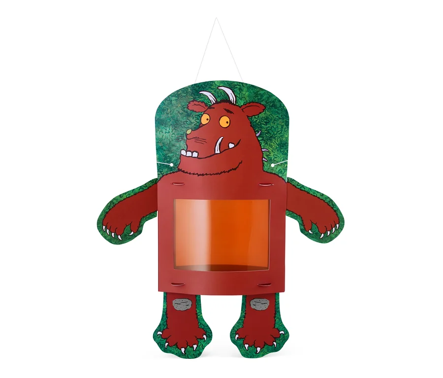 Lampion Gruffalo do samodzielnego złożenia w kształcie Gruffalo z czerwoną sierścią, zielonymi pazurami i żółtymi oczami.