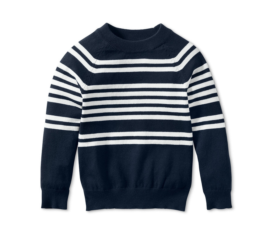 Dziecięcy sweter z delikatnej dzianiny w paski, granatowo-biały.