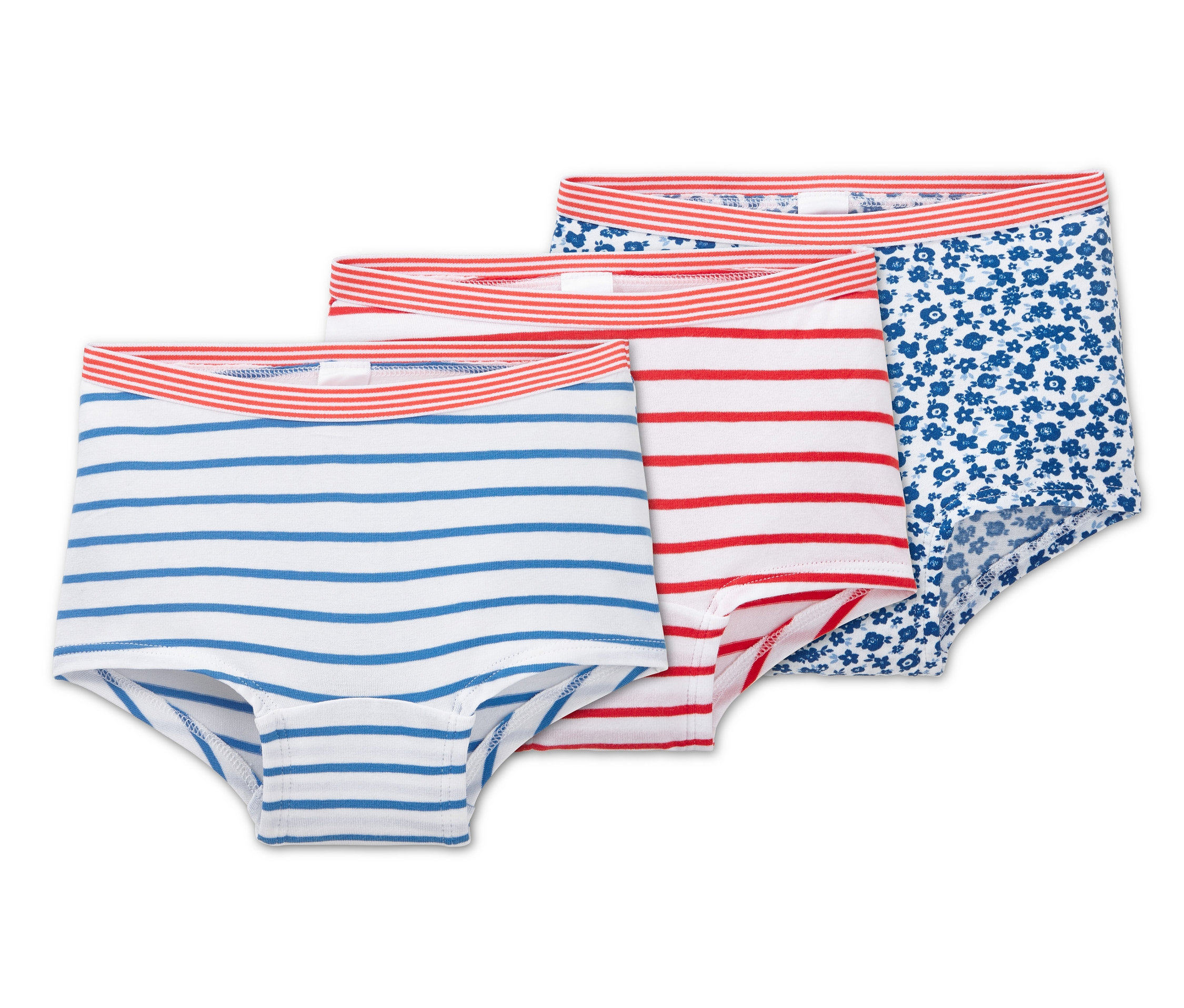 Trzy pary majtek: w niebiesko-białe paski, w czerwono-białe paski i niebieskie w kwiaty.