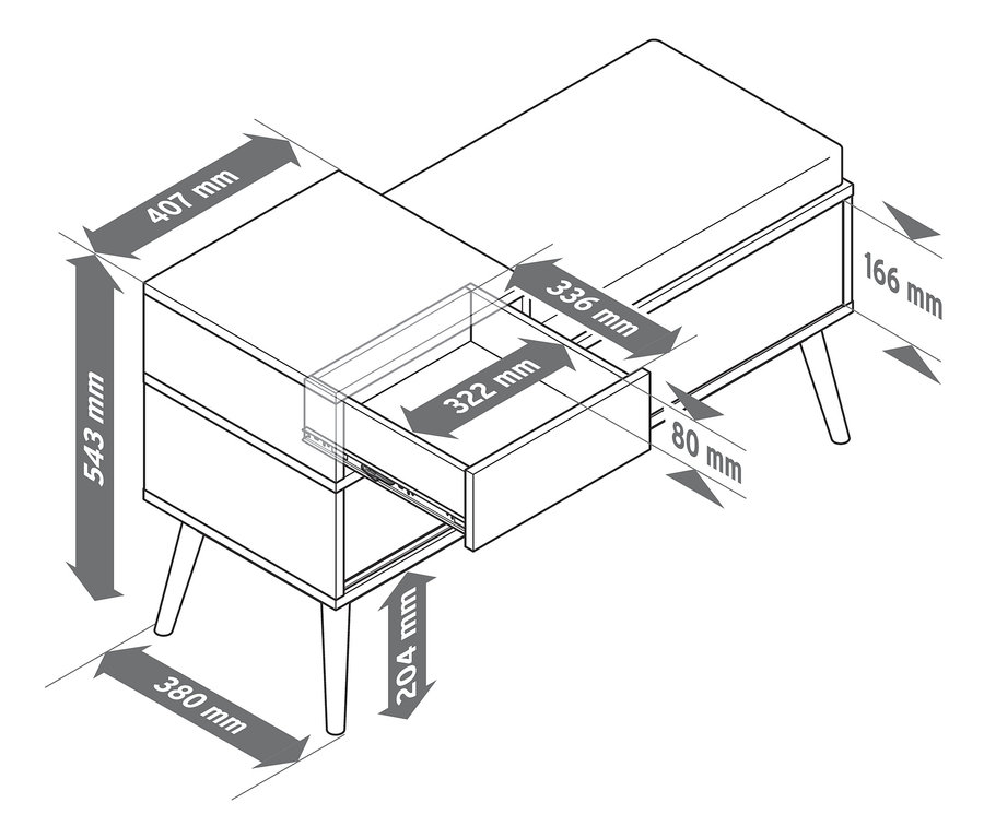 Rysunek ławki z szafką na buty z wysuniętą szufladą i podanymi wymiarami.