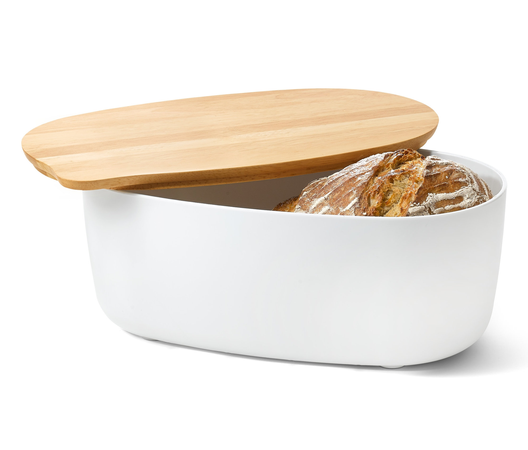 Chlebak z deską do krojenia, w środku chleb.