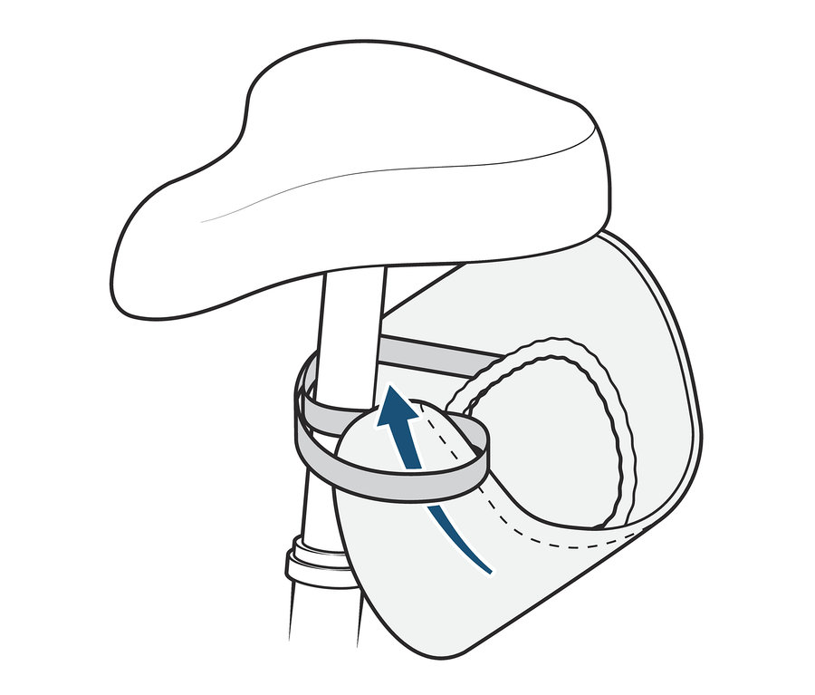 Ilustracja pokrowca na siodełko rowerowe przymocowanego do siodełka rowerowego.