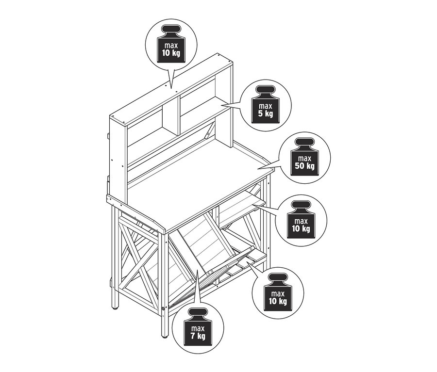 Ilustracja stołu roboczego »Jonte« z koszem na śmieci i półką.