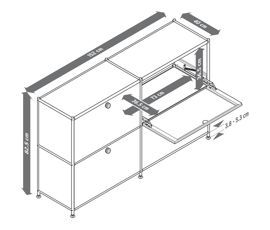 Schemat szafki typu sideboard „CN3” z 4 klapami z wymiarami.