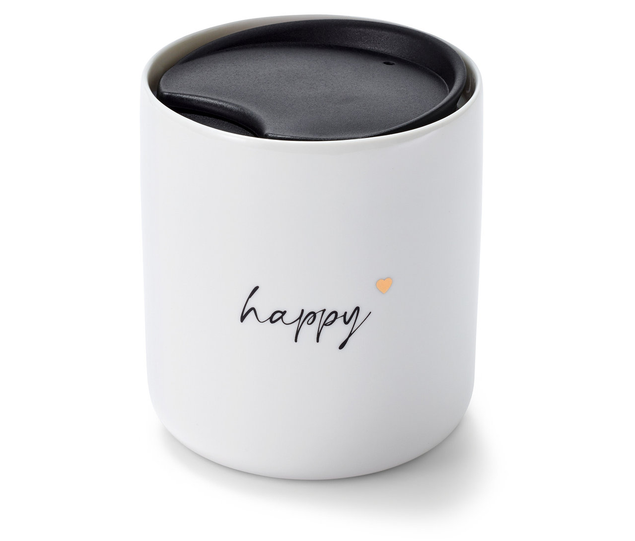Biały kubek ceramiczny z pokrywką i napisem "happy".