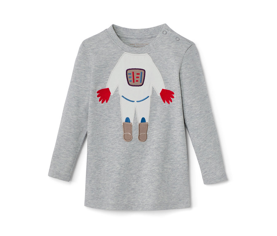 Szara koszulka z długim rękawem i naszywką astronauty, Koszulki z długim rękawem, 2 sztuki, z motywem kosmosu.