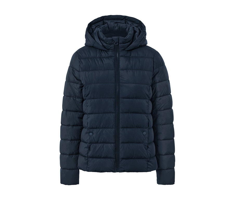 Granatowa kurtka pikowana z kapturem.