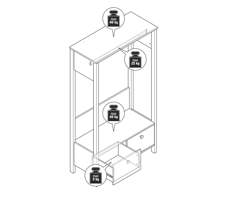 Szkic garderoby z dużymi szufladami i maksymalnym obciążeniem od 5 do 40 kg.