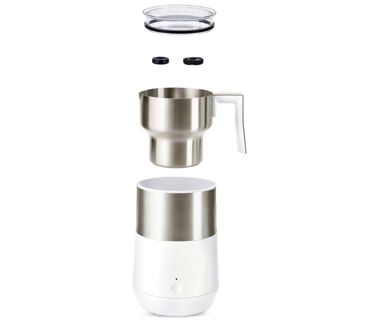 Rozłożony indukcyjny spieniacz do mleka w kolorze kremowym i białym.