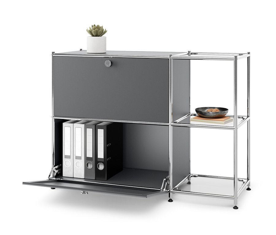 Szara metalowa szafka typu sideboard „CN3” z 2 szafkami z klapami, z segregatorami w środku i rośliną na górze.