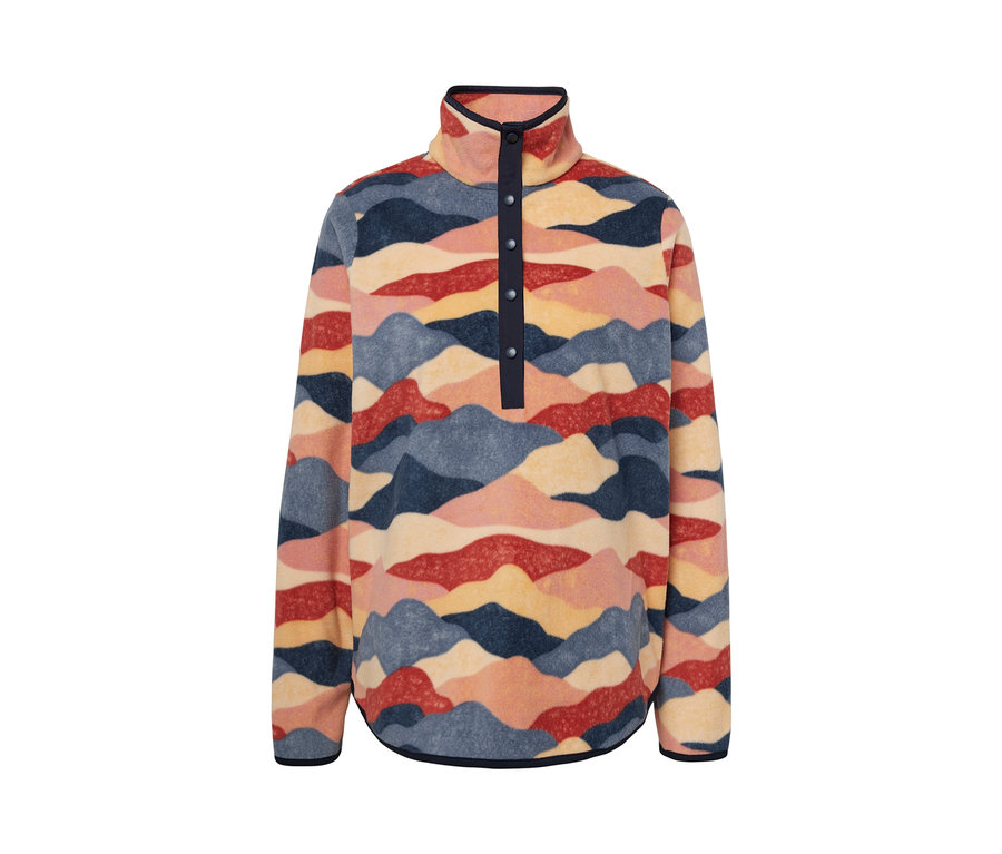 Bluza z polaru we wzór kolorowych gór, zapinana na guziki.