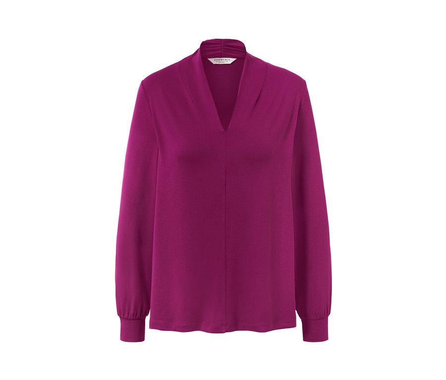 Jagodowa bluzka z długim rękawem i dekoltem w serek.