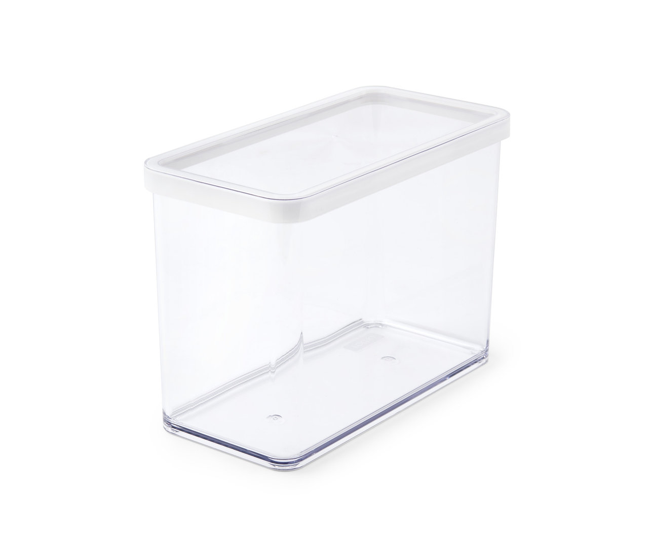 Przezroczysty pojemnik do przechowywania z białą pokrywką.