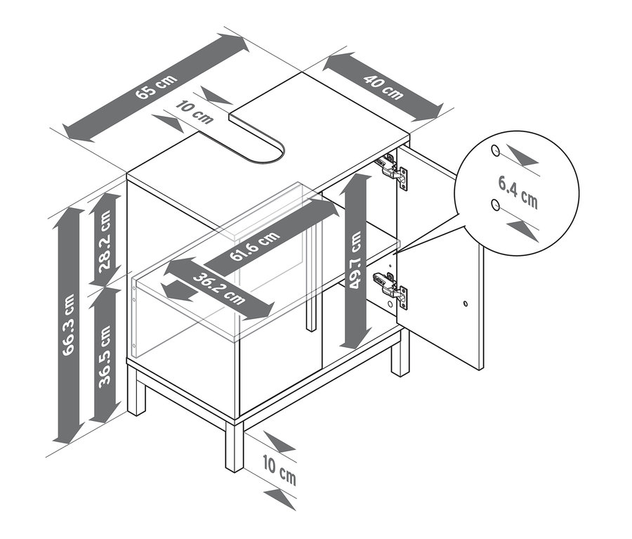 Wymiary antracytowej szafki pod umywalkę »Eklund«.