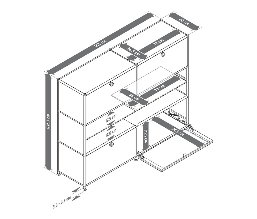 Rysunek komody metalowej »CN3« z 4 przegródkami z klapami.