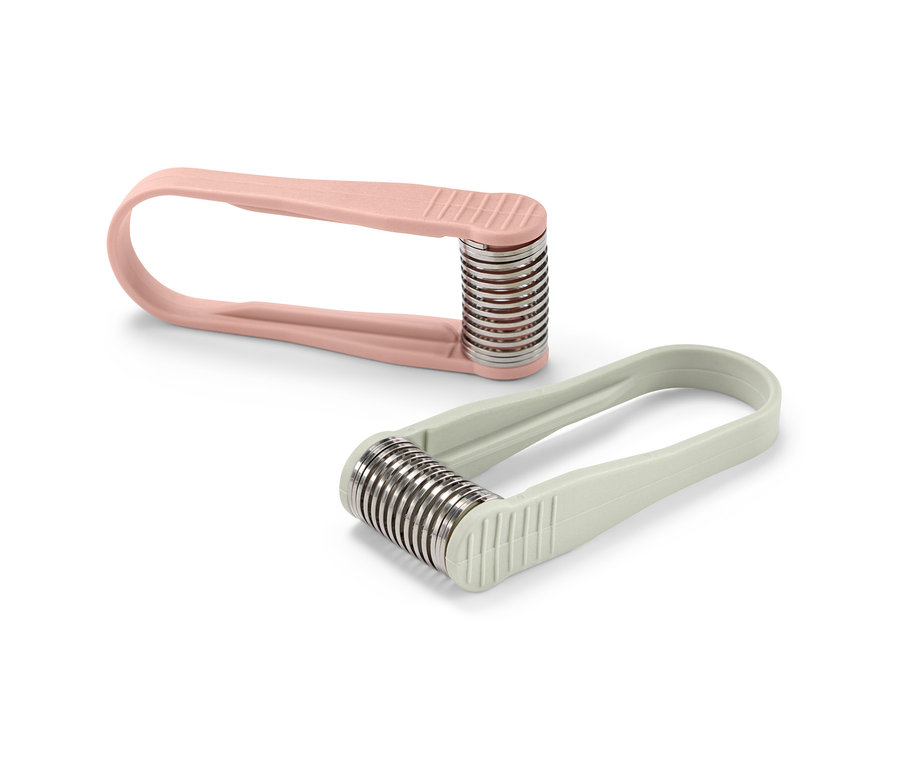 Dwa mini depilatory do twarzy: jeden różowy i jeden jasnozielony.