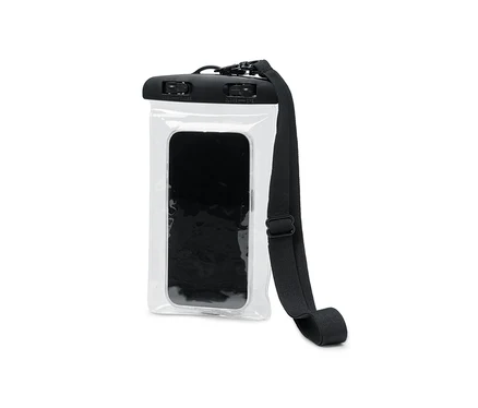 Wodoszczelne etui na smartfon z czarnym telefonem w środku i czarnym paskiem.
