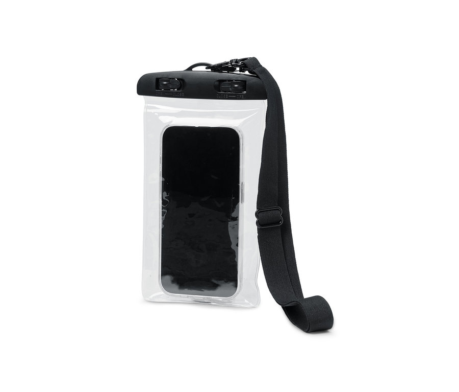 Wodoszczelne etui na smartfon z czarnym telefonem w środku i czarnym paskiem.