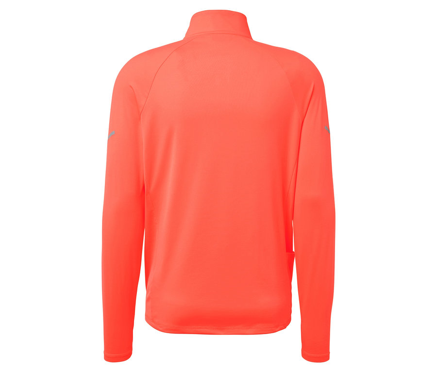 Widok z tyłu koralowej bluzy sportowej z długim rękawem i zamkiem błyskawicznym.