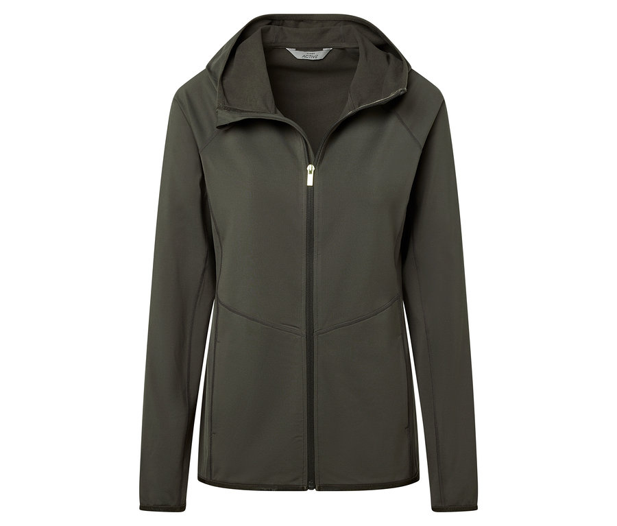 Zielona kurtka sportowa z zamkiem błyskawicznym i kapturem.