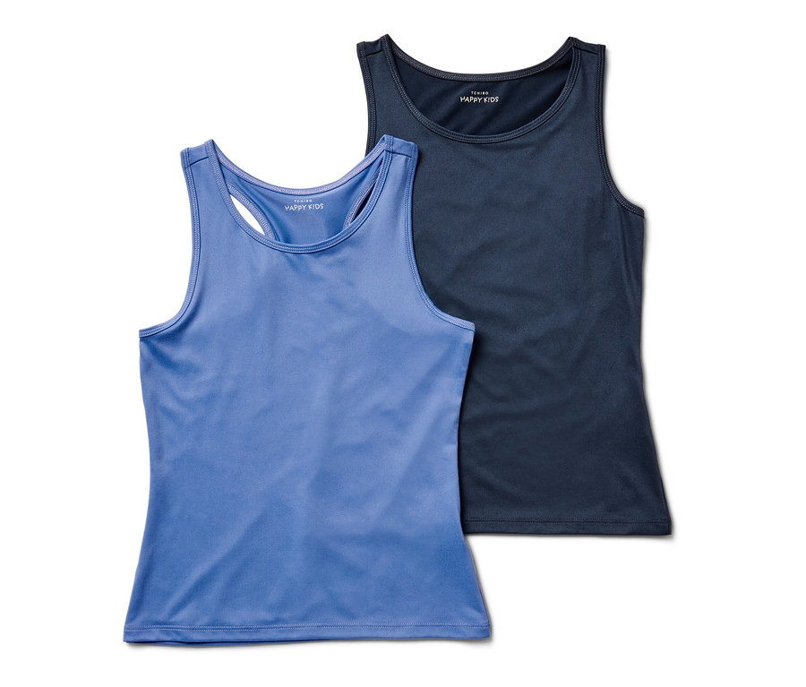 Dwa topy sportowe dla dzieci: niebieski i granatowy.