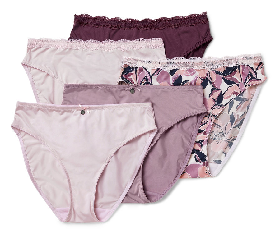 Zestaw pięciu par damskich majtek w różnych kolorach i wzorach, wykończonych koronką.